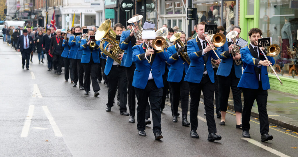 The band marching at a Remembrance parade